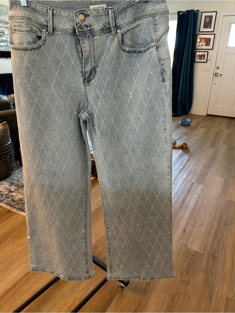 Light Blue Studded Diamond-Pattern Jeans - Women